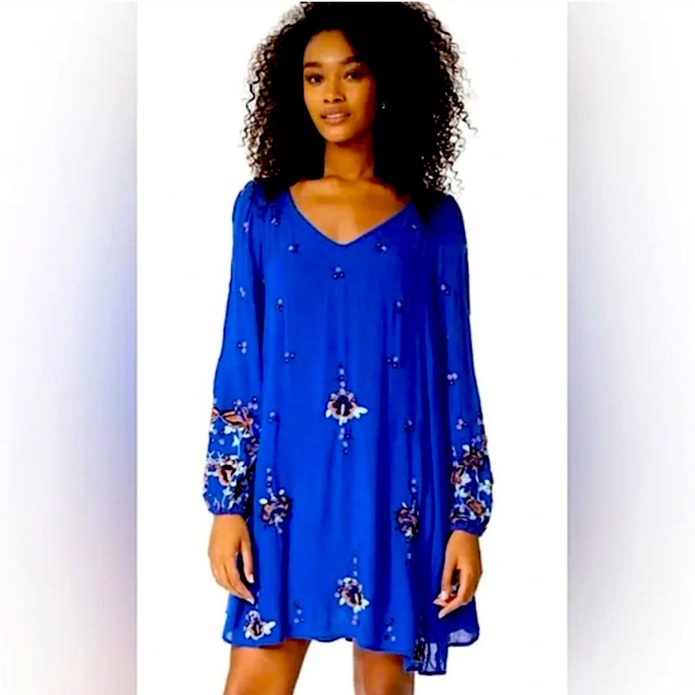 Free People Oxford Boho long sleeve embroidered mini dress